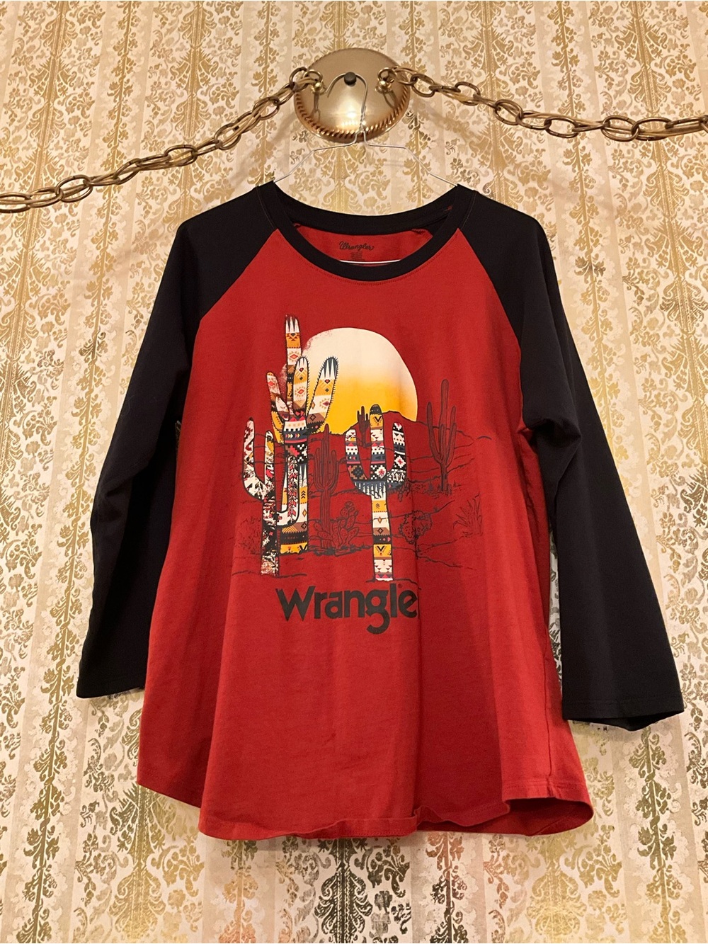 Wrangler Red and Black Raglan Long-Sleeve Tee with Cactus Sunset Graphic